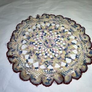 Large 12" Vintage Antique Beige‎ Purple Blue yellow Pink Round Crochet Doily